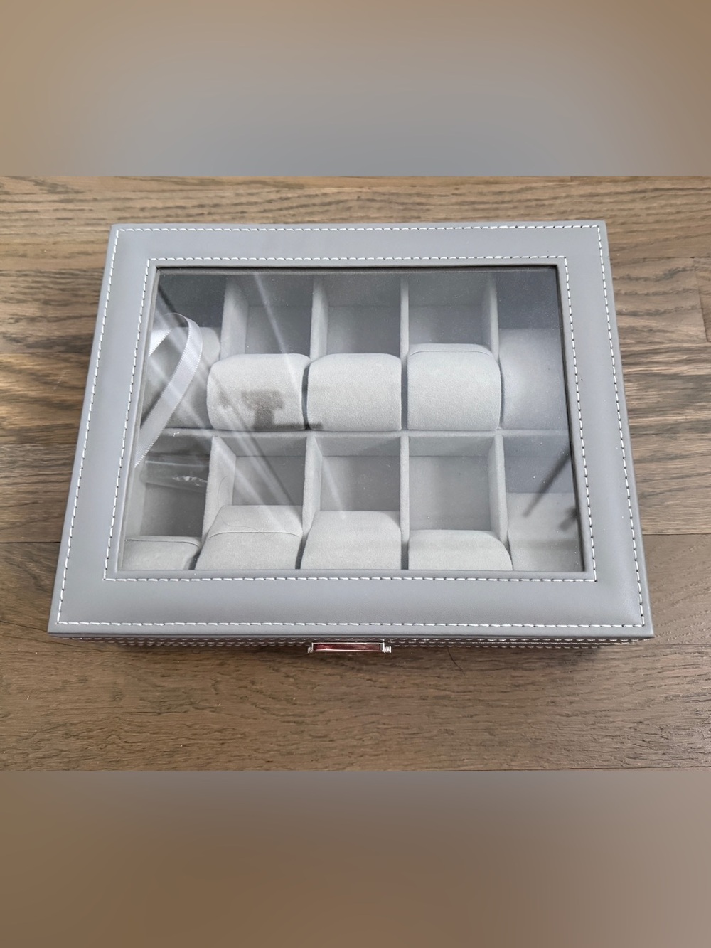 Gray 10 Slot Watch Box Organizer Glass Top Lock & Key Jewelry Display Case